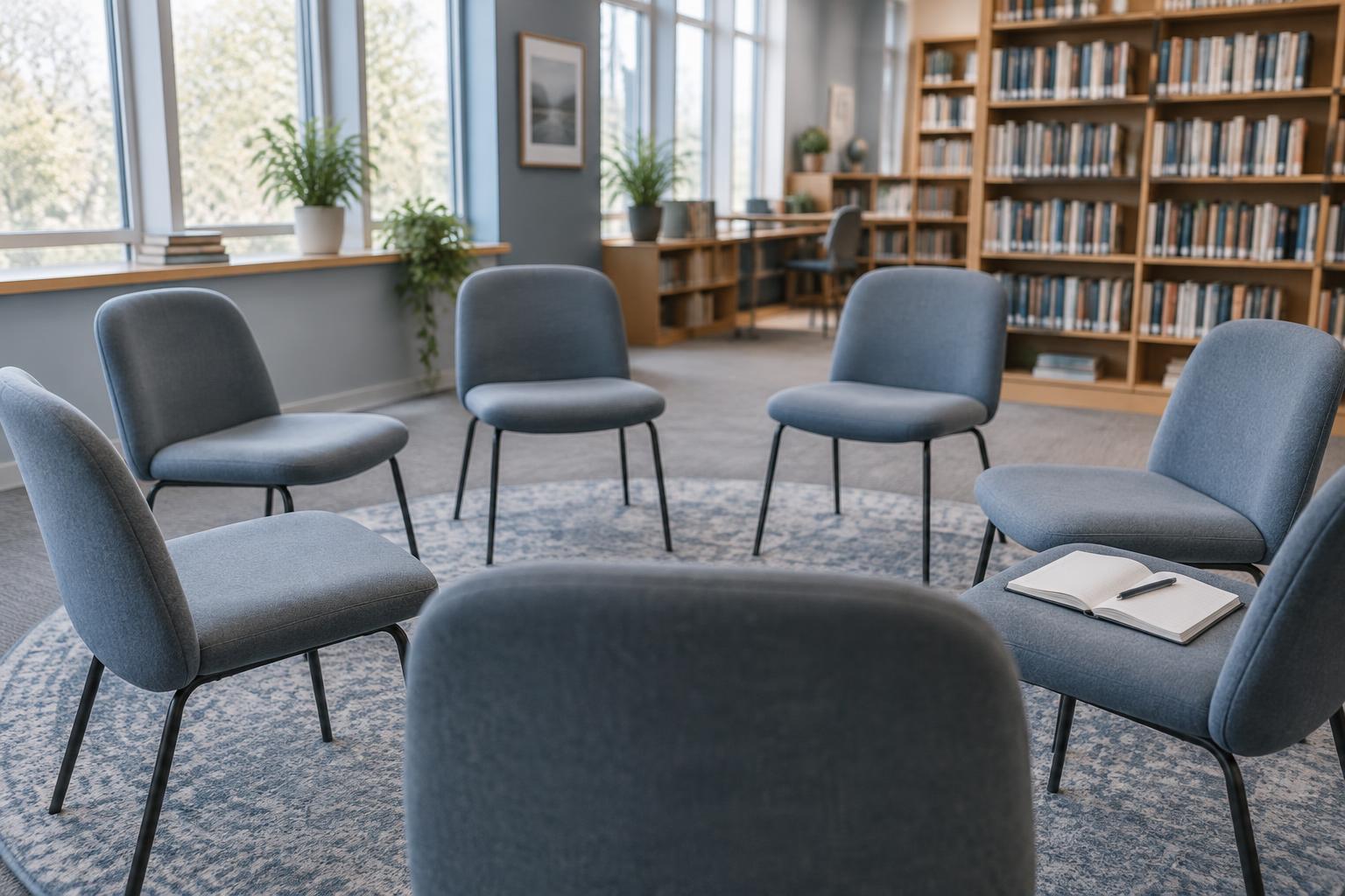 An empty circle of soft blue chairs in a bright school library, with an open notebook resting on one seat