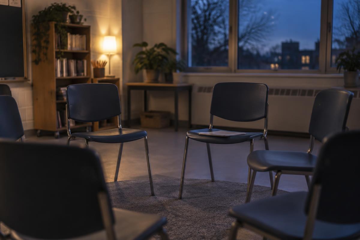 A circle of empty chairs in a classroom at dusk, a warm lamp glowing in the corner