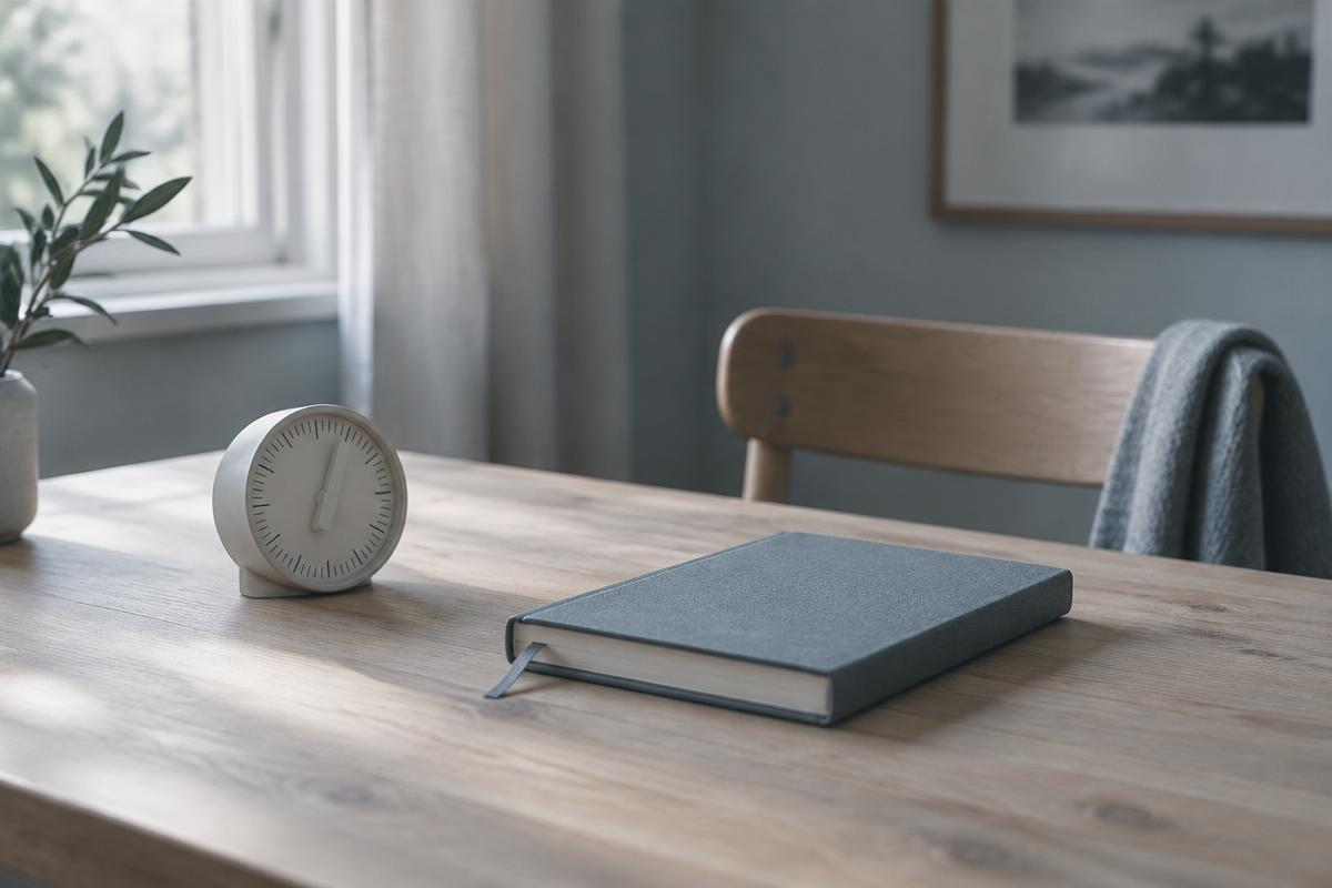 A quiet desk with a closed notebook, a small timer, and a chair beside it