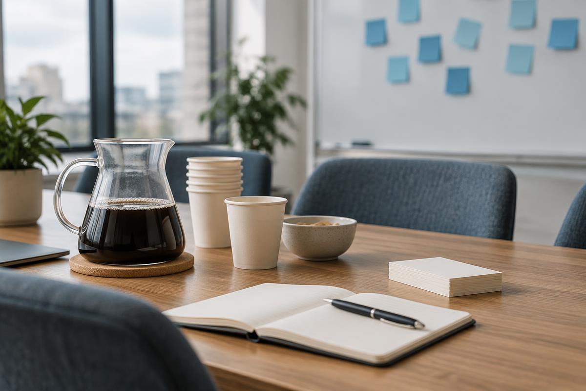 A workshop table set with a coffee carafe, paper cups, and an open notebook