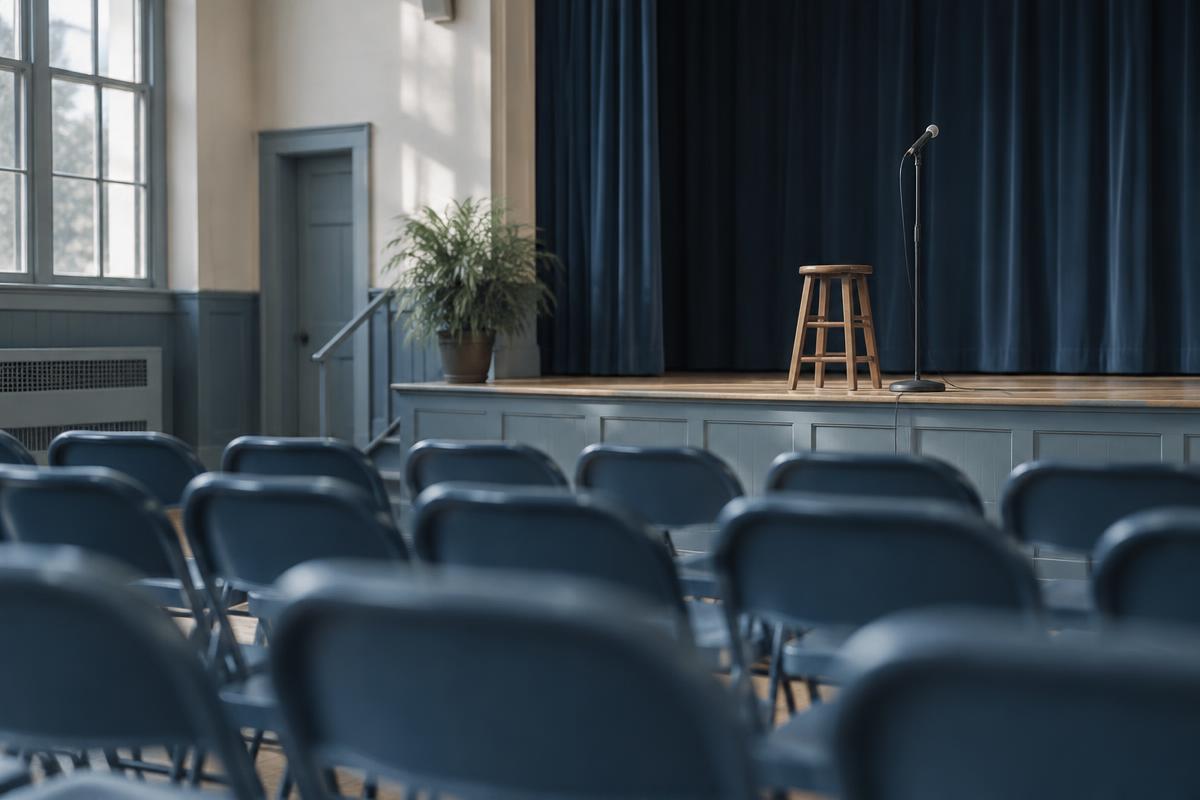 A school auditorium stage with a stool and microphone, seen past rows of empty chairs