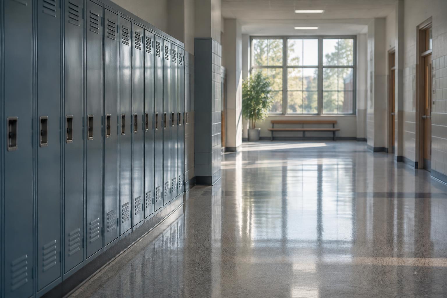 A quiet, empty school hallway with pale blue-grey lockers and soft daylight at the far end
