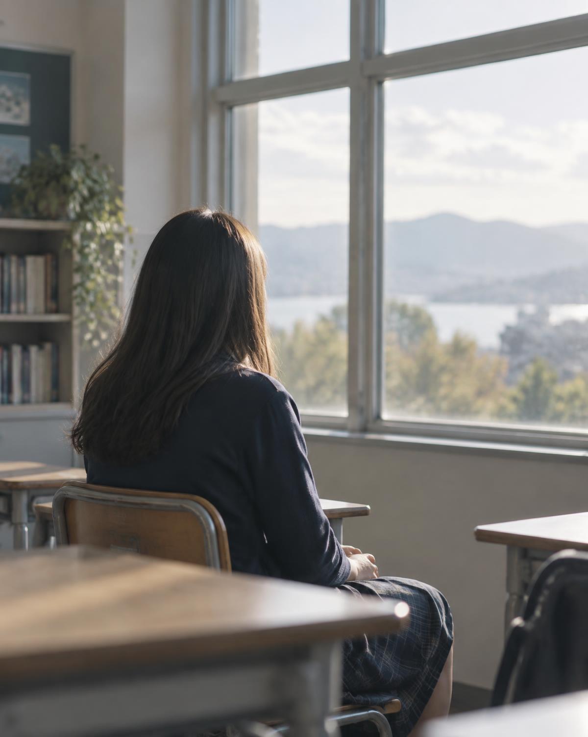 A student sitting quietly at a school desk, looking out a bright classroom window